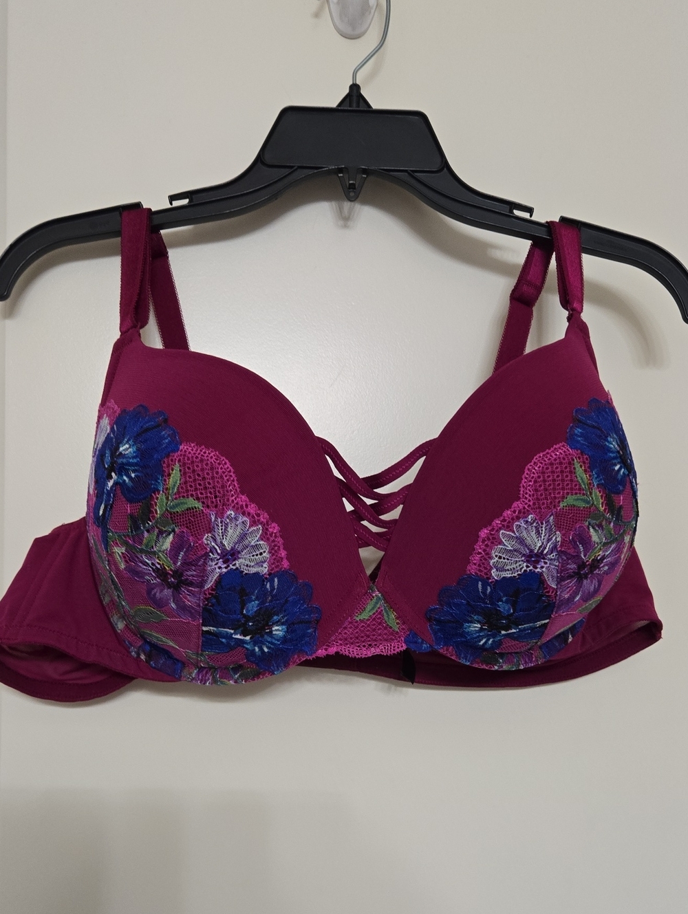 torrid Burgundy Bra with Blue & Pink Floral Embroidery